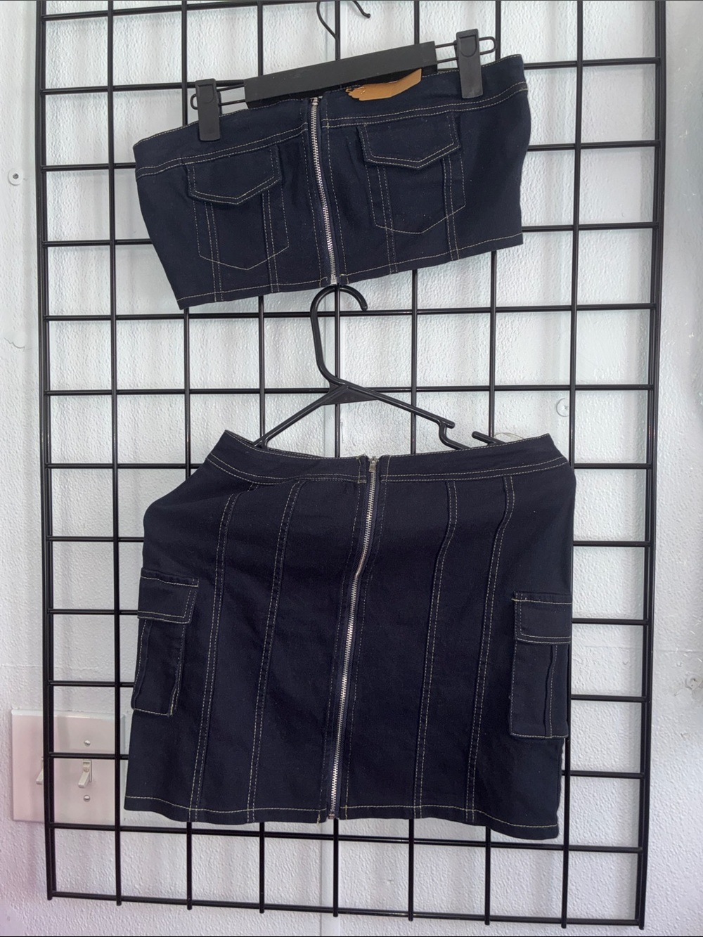 Dark Navy Two-Piece Denim Skirt Set with Contrast Stitching